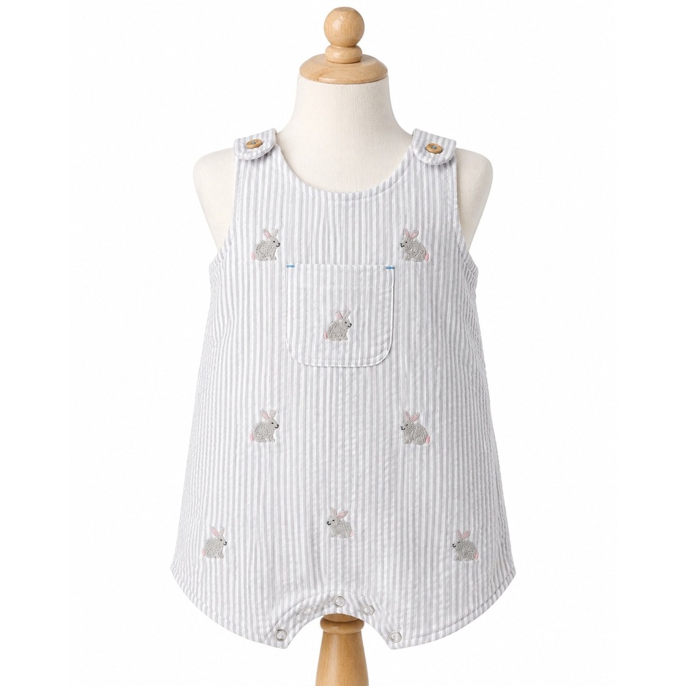 Blue Rooster Baby 12/18M Seersucker Bunny Embroidered Bubble Romper Gray Stripe